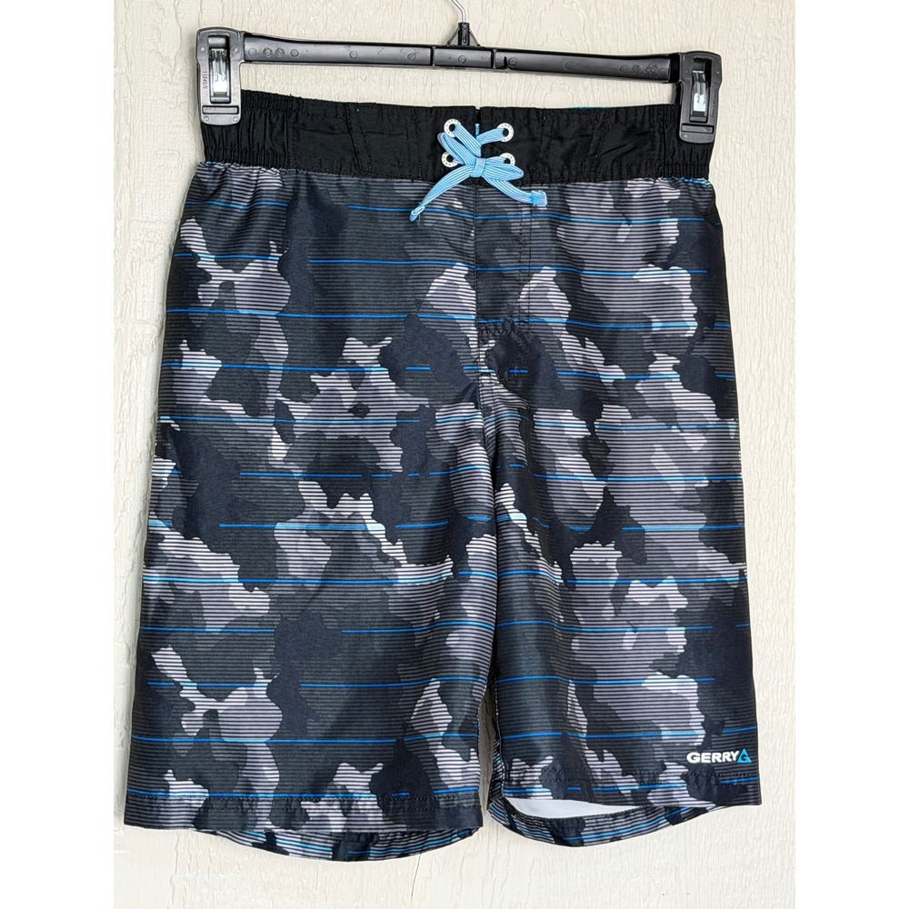 Gerry Boys Camo Stripe Swim Trunks Black Grey Blue Board Shorts Size L 14/16 EUC